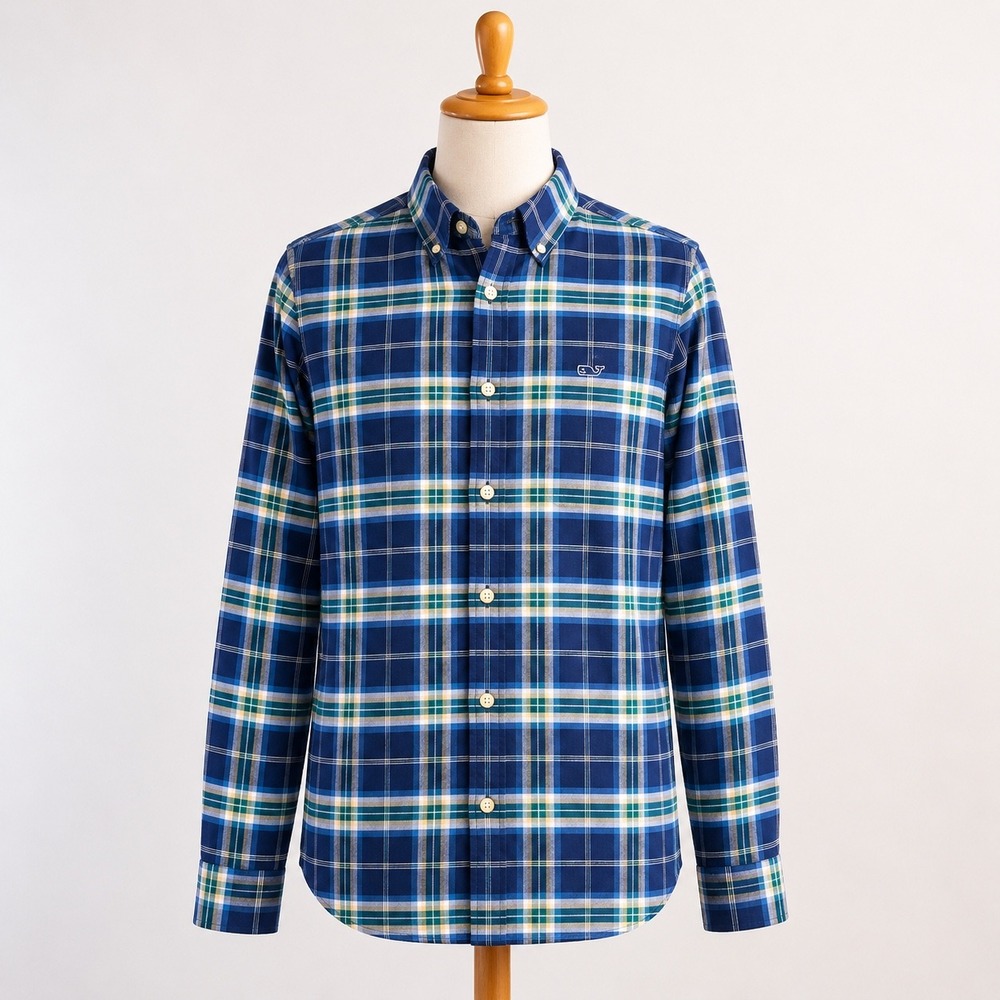 Vineyard Vines Mens Flannel Plaid Whale Shirt Nautical Navy S 1W012409-G367